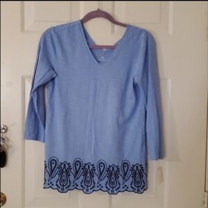 Talbots Blue V-Neck Top with Embroidered Black Paisley Hem